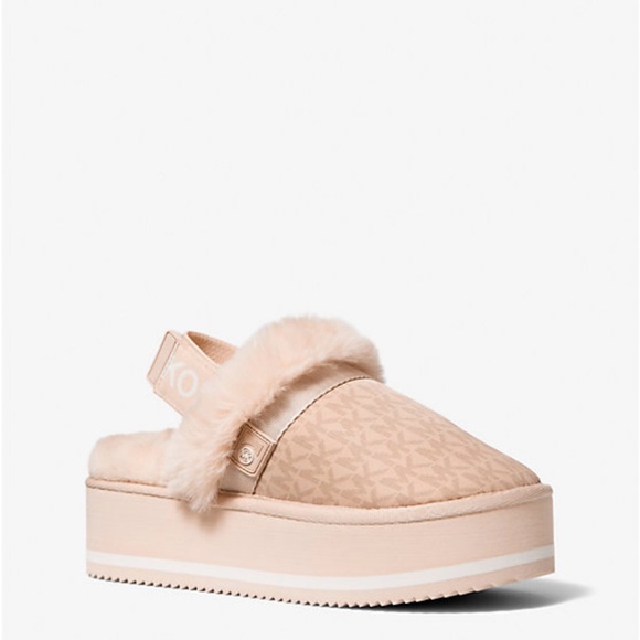 Michael Kors Fifi Signature Logo Nylon and Faux Fur Platform Slipper - Picture 1 of 8